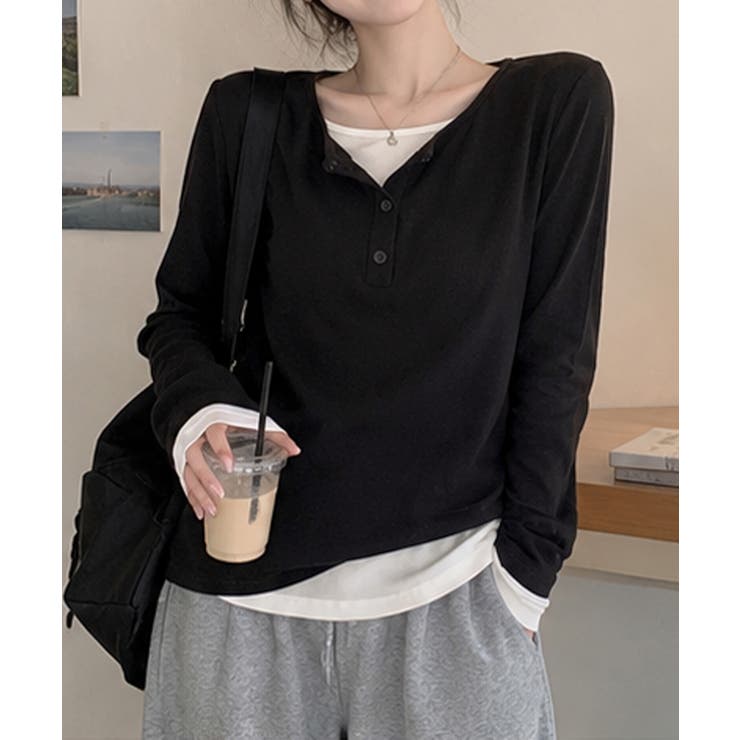 ブラック | ヘンリーネック長袖リブカットソー重ね着風 | Miniministore