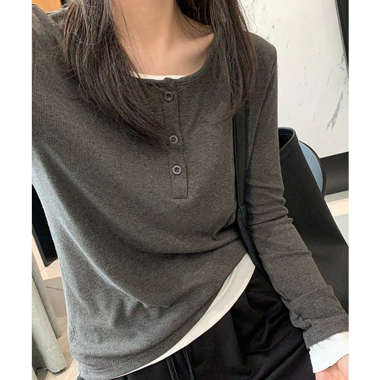ダークグレー | ヘンリーネック長袖リブカットソー重ね着風 | Miniministore