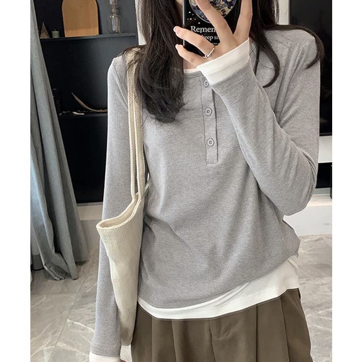 ライトグレー | ヘンリーネック長袖リブカットソー重ね着風 | Miniministore