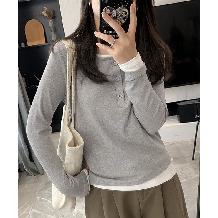 ヘンリーネック長袖リブカットソー重ね着風 | Miniministore | 詳細画像2 