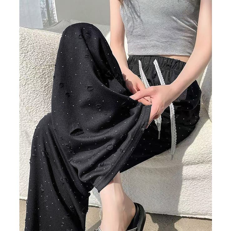 ブラック | キラキラビジューワイドパンツダメージ加工 | Miniministore