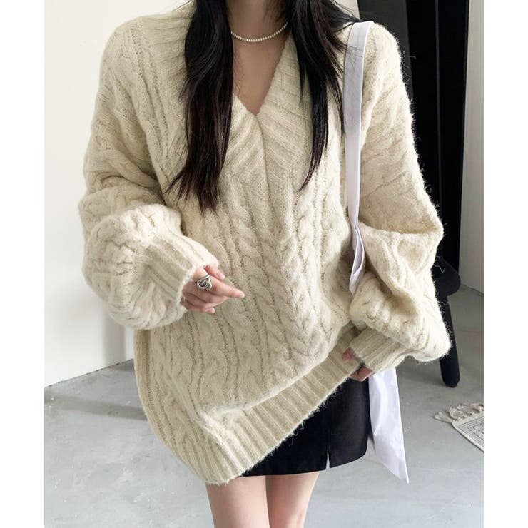 アイボリー | ケーブル編み ニットトップス レディース | Miniministore