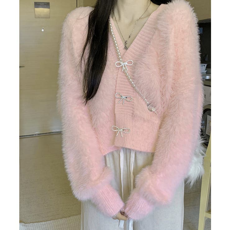 ピンク | 韓国風ふわふわシャギーニットカーディガン | Miniministore
