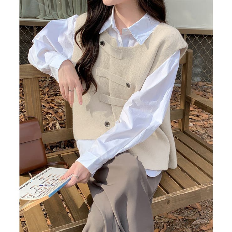 アイボリー | ニットベスト前開きノースリーブトップス冬 | Miniministore