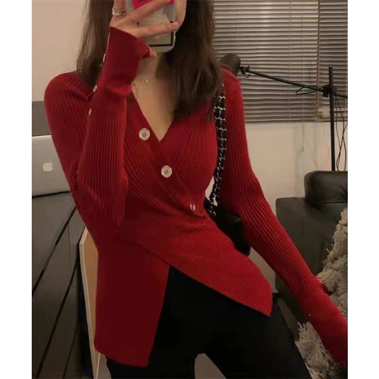 レッド | カシュクールニットトップス韓国風セーター | Miniministore