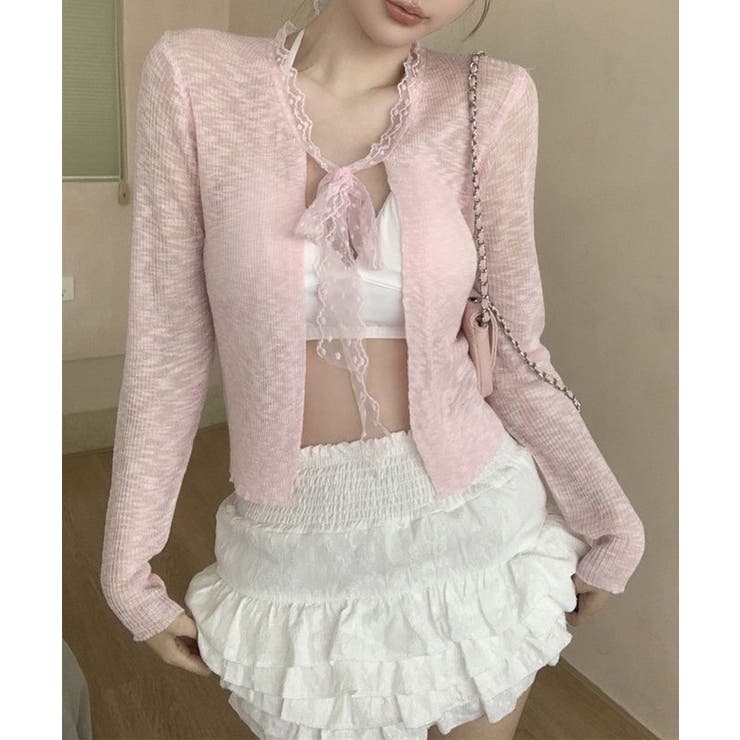 ピンク | サマーニットカーディガン レースボウタイ | Miniministore