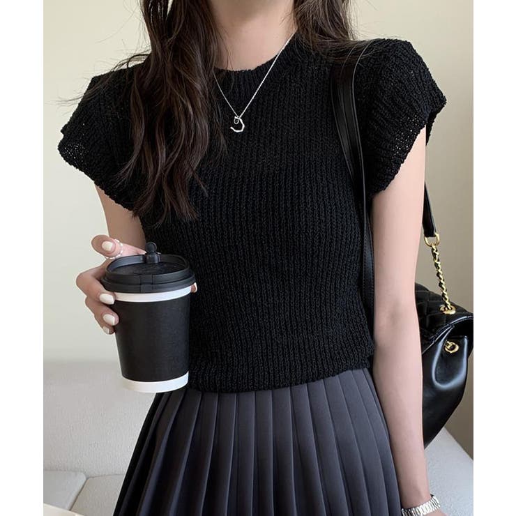 ブラック | フレンチスリーブサマーニットトップス夏服 | Miniministore