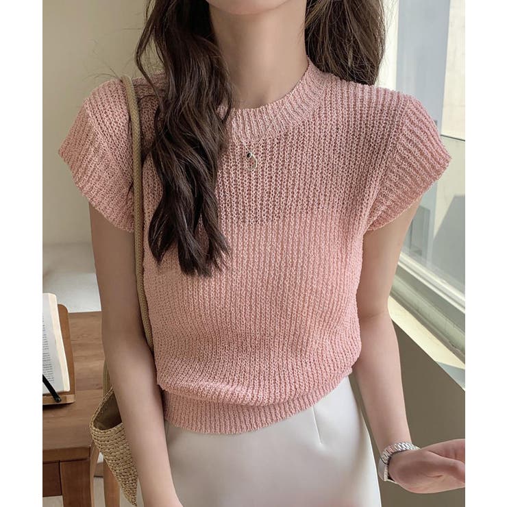 ピンク | フレンチスリーブサマーニットトップス夏服 | Miniministore