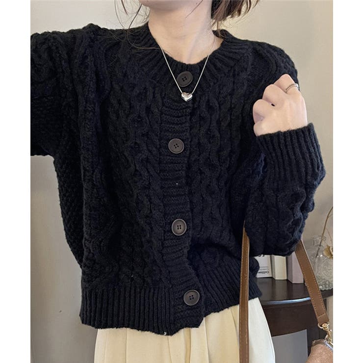 ブラック | 暖かいケーブル編みニットカーディガン秋冬 | Miniministore