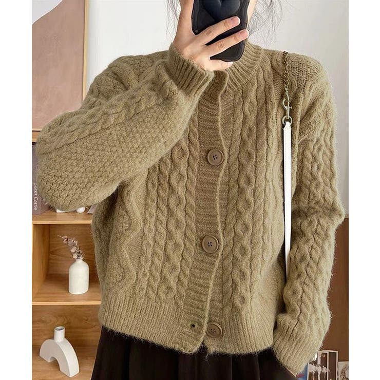 オリーブ | 暖かいケーブル編みニットカーディガン秋冬 | Miniministore