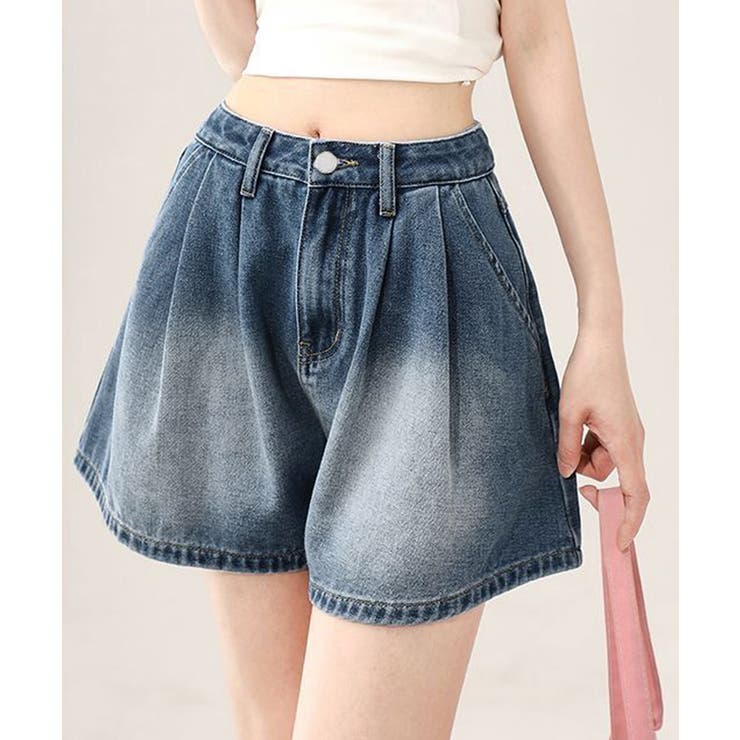 ハイウエスト ワイドキュロット ガーリー デニムショートパンツ ボトムス レディース ハイウエスト ウエストゴム デニム フリル