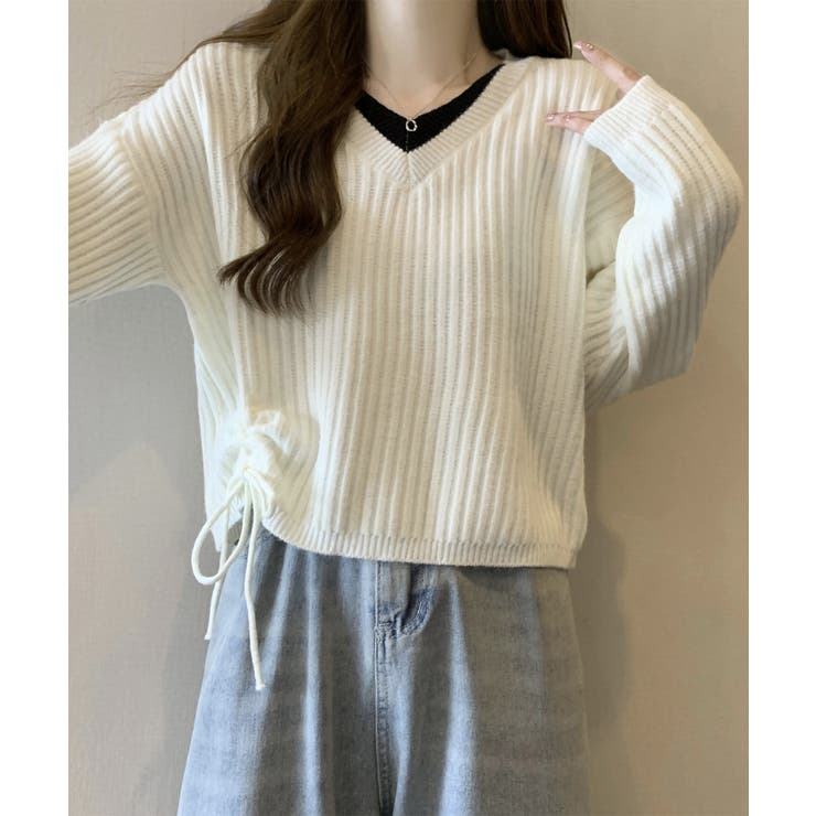 Vネックリブニットトップス 暖かいニット | Miniministore | 詳細画像4 