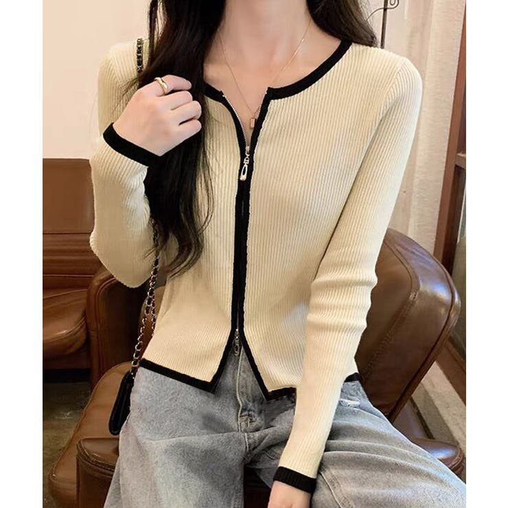 ベージュ | ダブルジップ 長袖ニットカーディガン | Miniministore