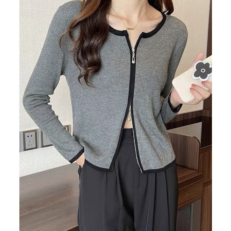 グレー | ダブルジップ 長袖ニットカーディガン | Miniministore