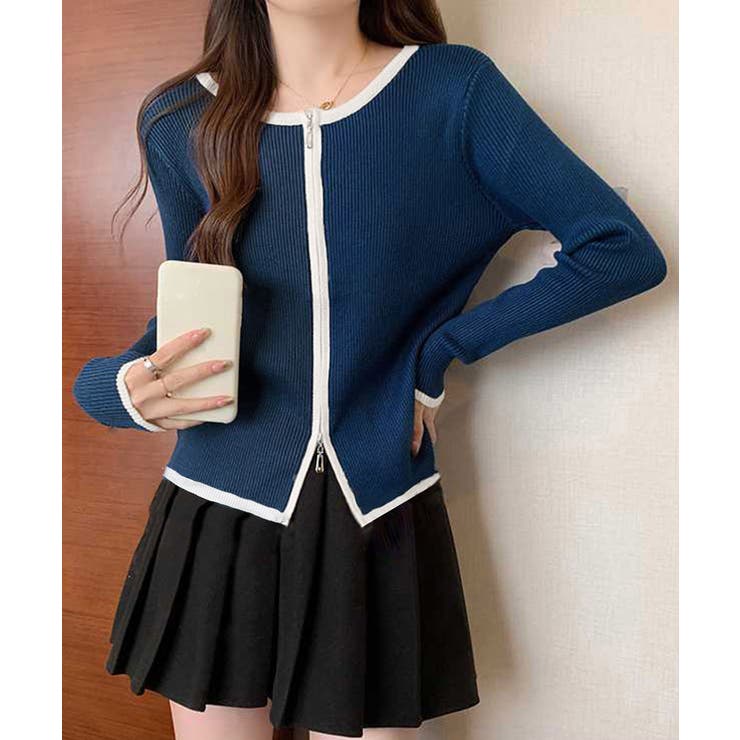 ライトネイビー | ダブルジップ 長袖ニットカーディガン | Miniministore