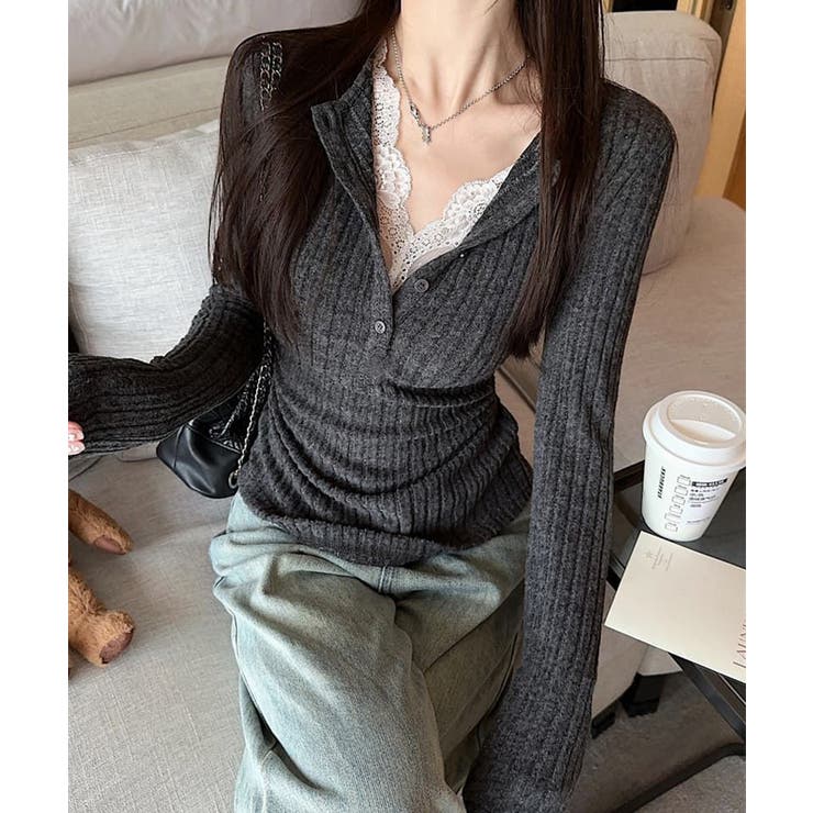 チャコールグレー | レース付リブニットトップス Vネック長袖 | SUNSHINE CLOSET