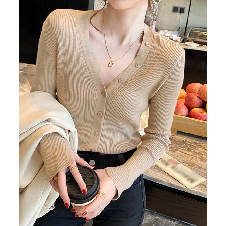 ベージュ | Vネック ボタンリブニット トップス | SUNSHINE CLOSET
