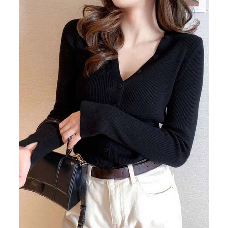 ブラック | Vネック ボタンリブニット トップス | SUNSHINE CLOSET