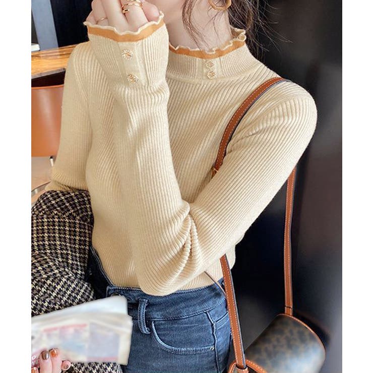 ライトベージュ | リブニットトップス きれいめ ハイネック | Miniministore