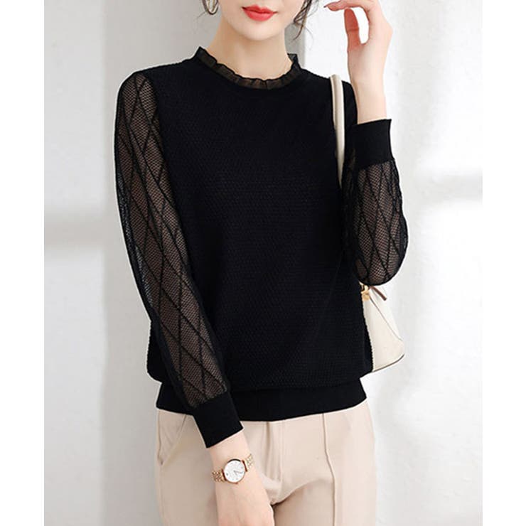 ブラック | シースルー袖ニット 異素材ニットトップス | Miniministore
