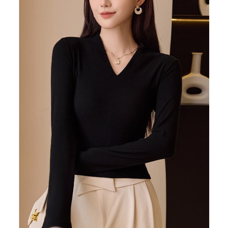 ブラック | Vネック ベーシック 長袖 カットソー | Miniministore