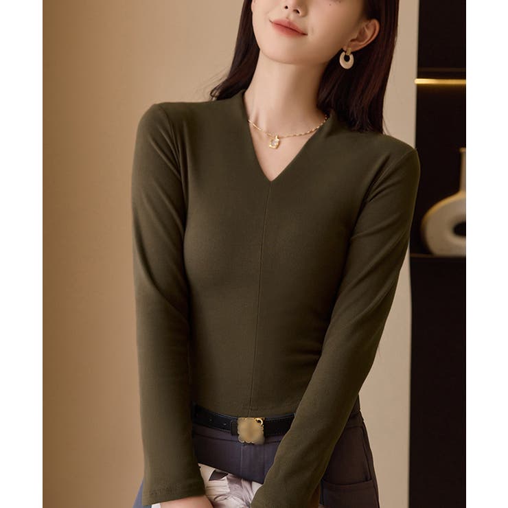 カーキブラウン | Vネック ベーシック 長袖 カットソー | Miniministore