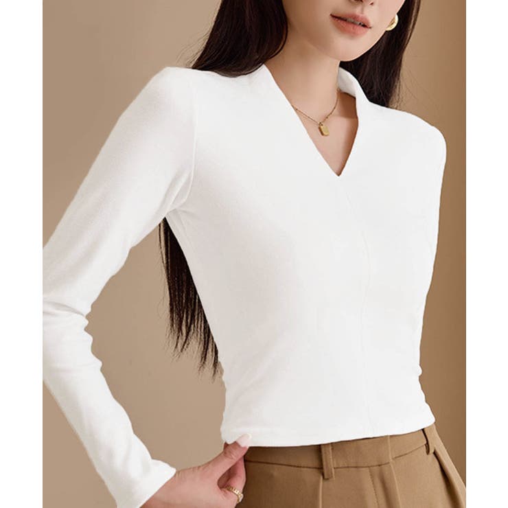 ホワイト | Vネック ベーシック 長袖 カットソー | Miniministore