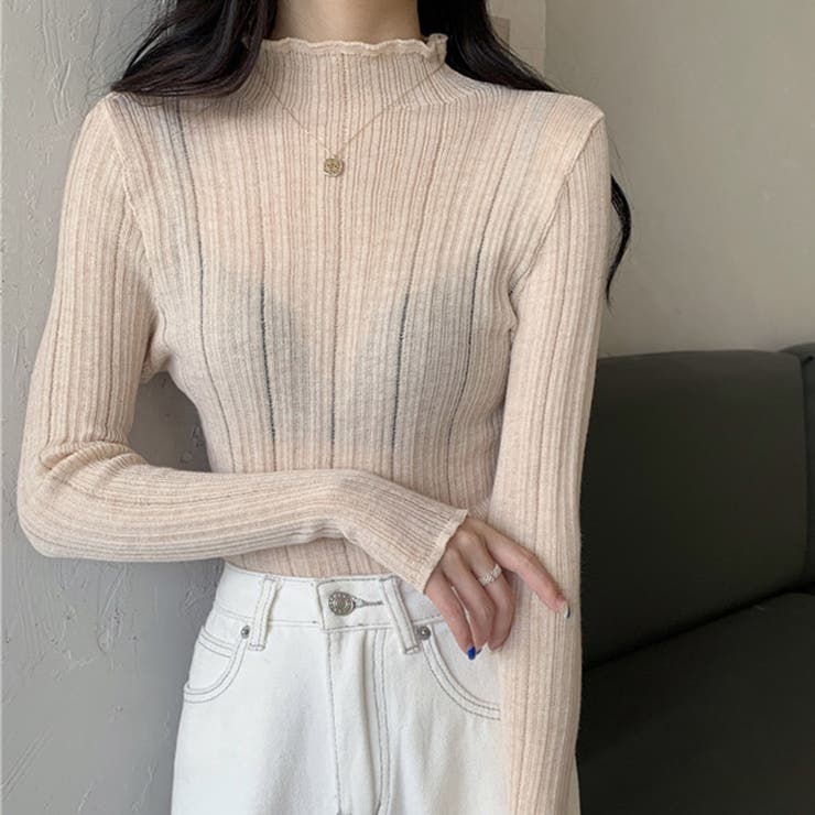 ベージュ | ハイネック リブニットトップス 長袖 | Miniministore