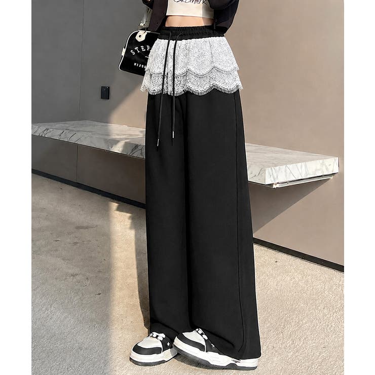 ブラック | レースメッシュ切り替え イージーパンツ | Miniministore