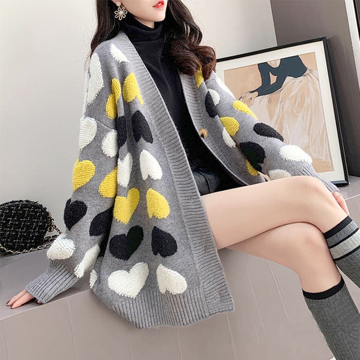 グレー | 配色 ニットカーディガン レディース | Miniministore