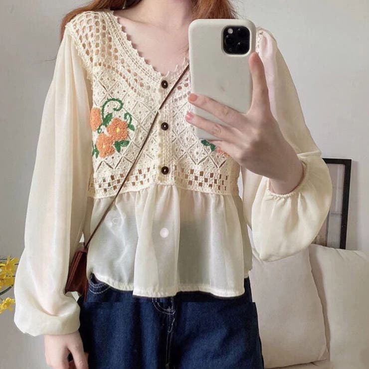 花刺しゅう シフォン袖 ニットトップス[品番：II000010477