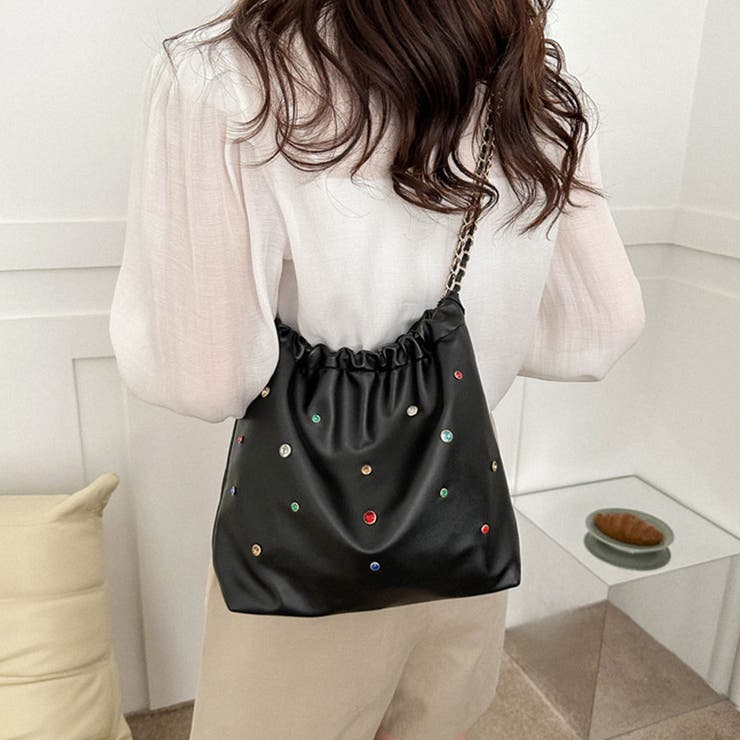 ブラック | チェーンショルダーバッグ ビジュー巾着鞄 | SUNSHINE CLOSET