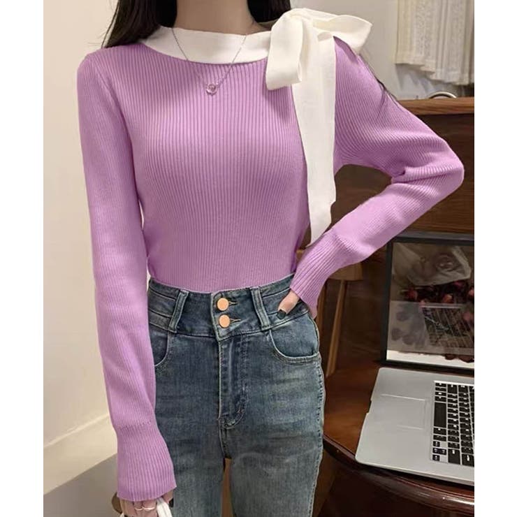 パープル | リボンネック リブニット トップス | SUNSHINE CLOSET