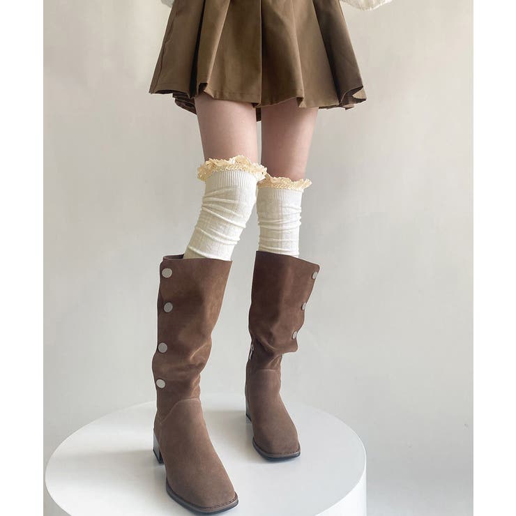 アイボリー | ニーハイソックス レース切り替え 靴下 | Miniministore