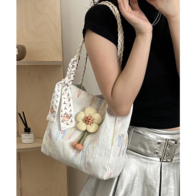 オフホワイト | スカーフ付き 大容量トートバッグ 韓国風 | Miniministore