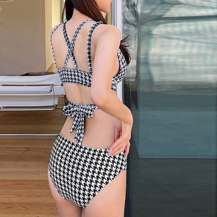 水着 千鳥柄 バックリボン スイムウェア[品番：II000010476