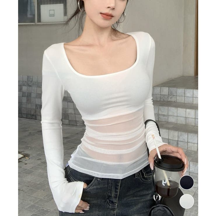 チュール切り替え 長袖Tシャツレディース | Miniministore | 詳細画像1 