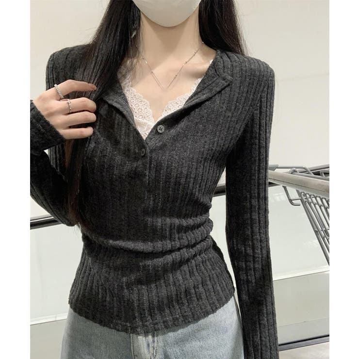 レース付リブニットトップス Vネック長袖 | Miniministore | 詳細画像4 