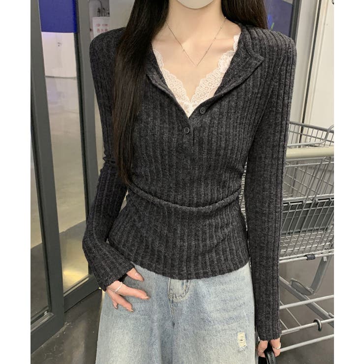 レース付リブニットトップス Vネック長袖 | Miniministore | 詳細画像6 