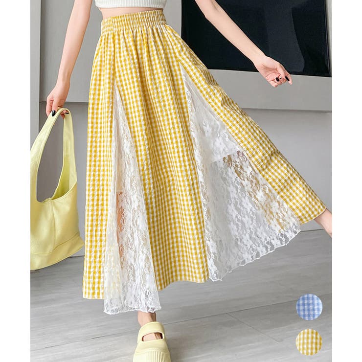 レース切り替え ロングチェック柄スカート | Miniministore | 詳細画像1 