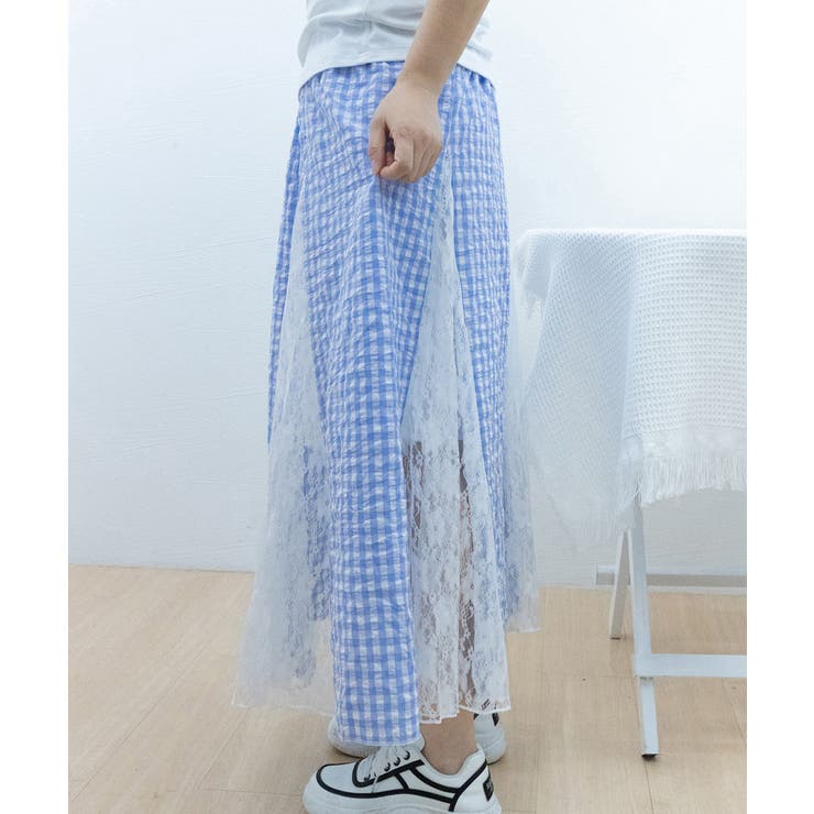 レース切り替え ロングチェック柄スカート | Miniministore | 詳細画像13 