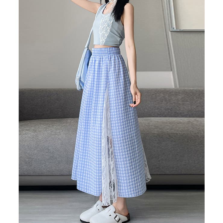 レース切り替え ロングチェック柄スカート | Miniministore | 詳細画像5 