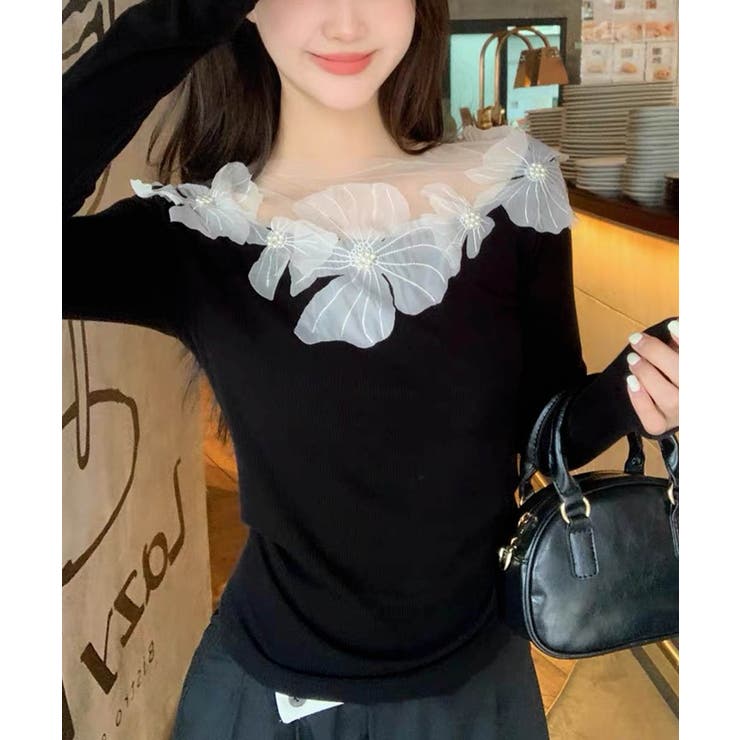 花柄装飾 長袖 リブトップス 韓国風 | Miniministore | 詳細画像2 