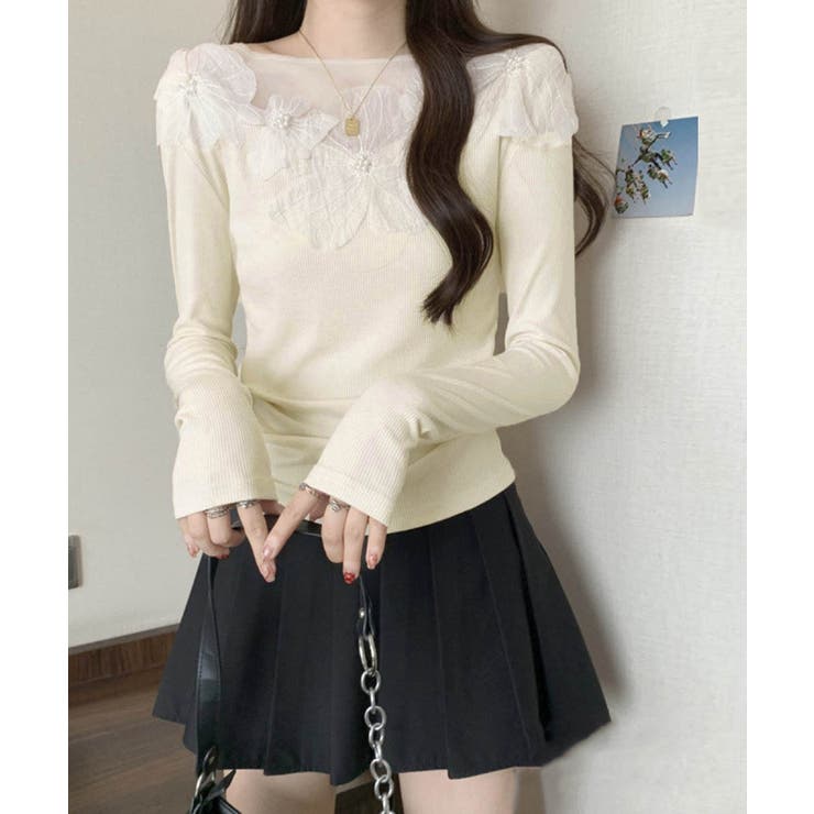 花柄装飾 長袖 リブトップス 韓国風 | Miniministore | 詳細画像5 