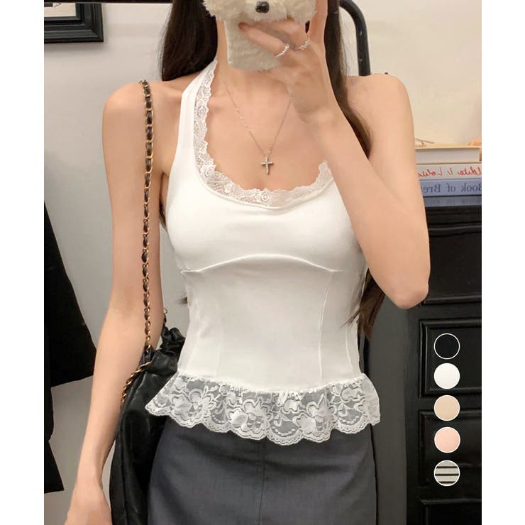 裾フリルレースホルターネックタンクトップ | Miniministore | 詳細画像1 