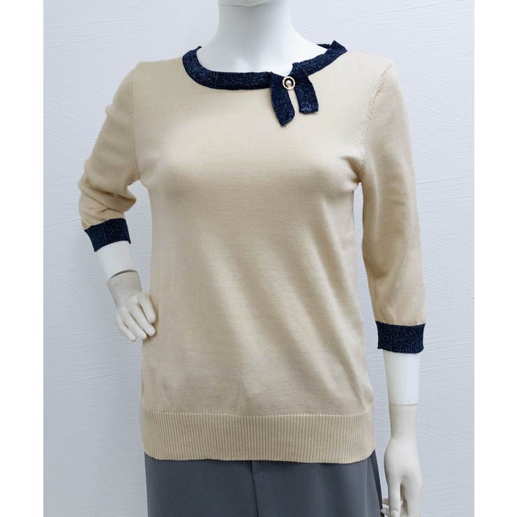 レディース 7分袖首リボンニットセーター[品番：II000012135