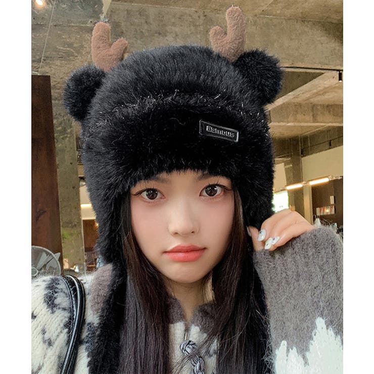 ブラック | ニット帽 鹿角 くま耳 レディース 秋冬 | SUNSHINE CLOSET