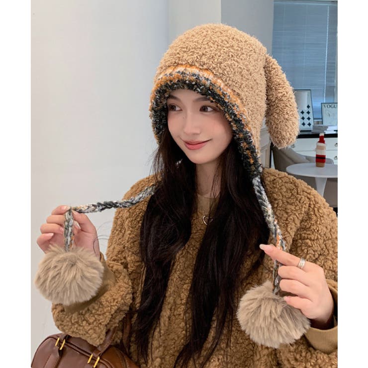 キャメル | うさぎ耳ニット帽 配色 レディース 小顔 | Miniministore
