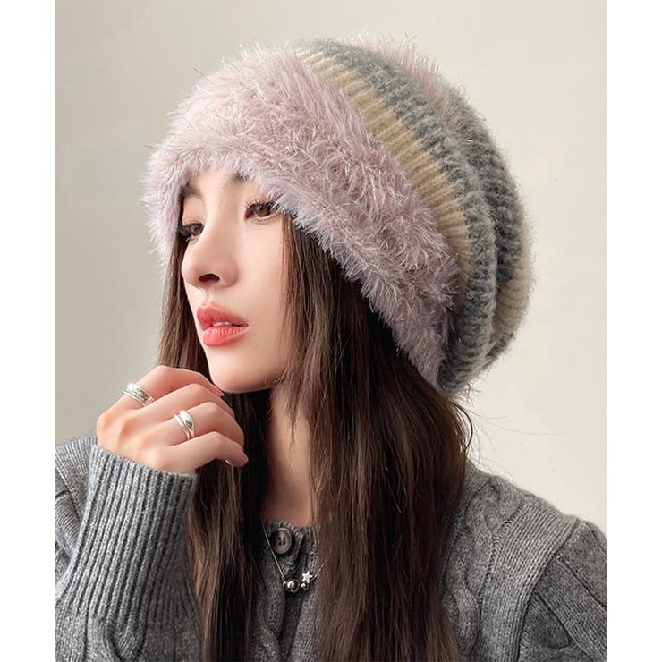 グレー*ラベンダー | ビーニー帽 ニット帽子 レディース 配色 | Miniministore