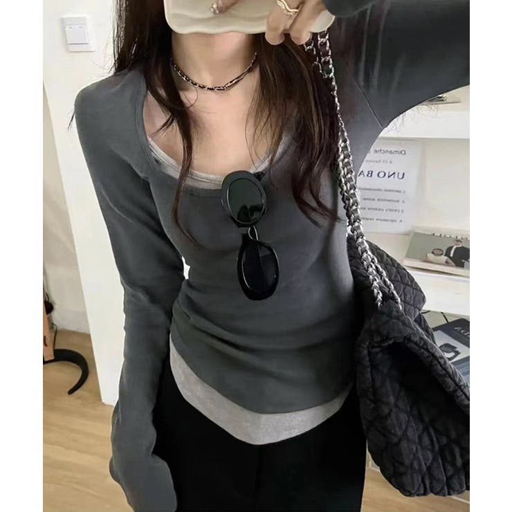 ダークグレー | 長袖Ｔシャツ フェイクレイヤード 着やせ | Miniministore